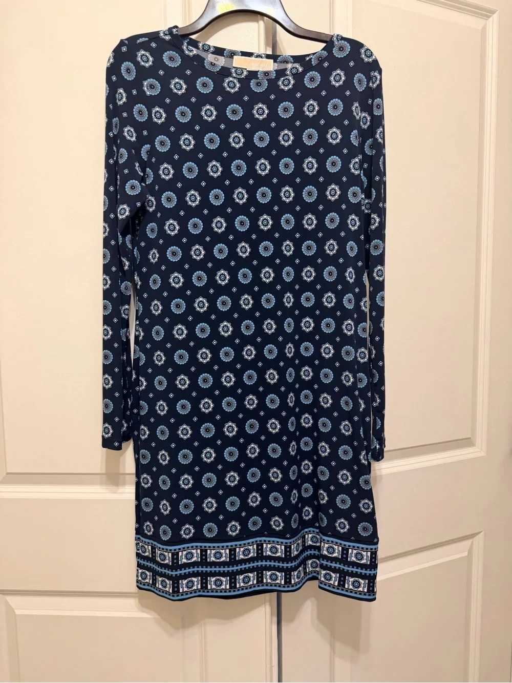 Michael Kors Navy and Light Blue Printed Long-Sleeve Shift Dress